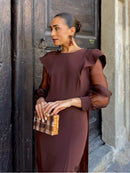 Chocolate Sheer Organza Tie Maxi Dress