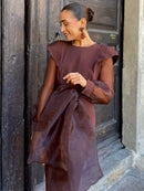 Chocolate Sheer Organza Tie Maxi Dress