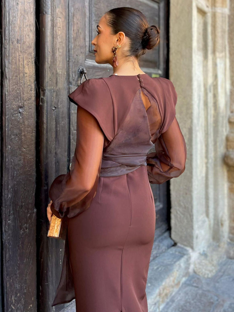 Chocolate Sheer Organza Tie Maxi Dress