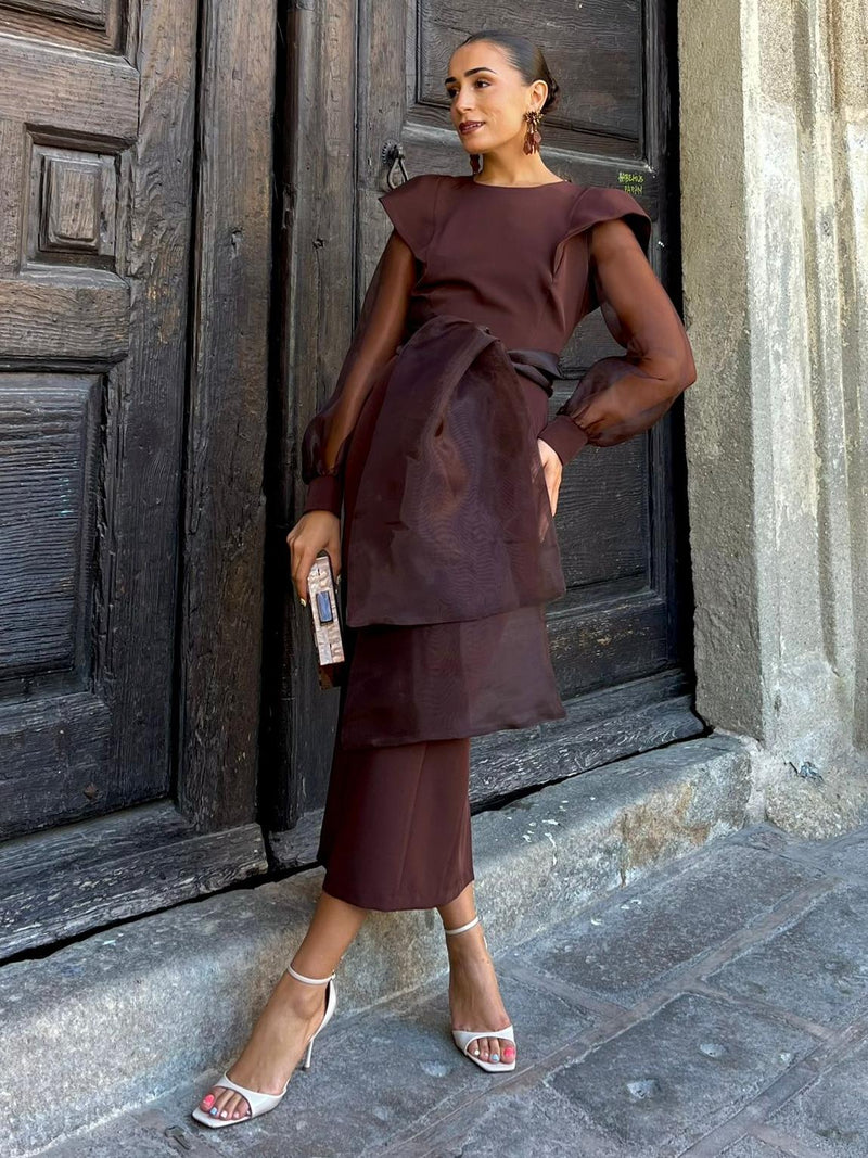 Chocolate Sheer Organza Tie Maxi Dress