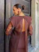 Chocolate Sheer Organza Tie Maxi Dress