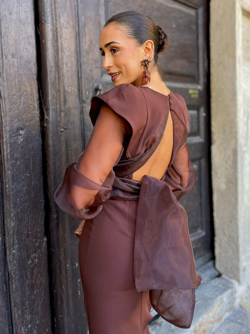 Chocolate Sheer Organza Tie Maxi Dress