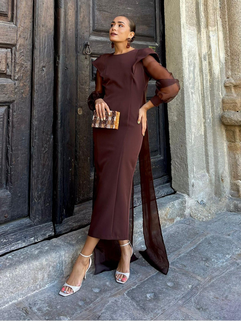 Chocolate Sheer Organza Tie Maxi Dress