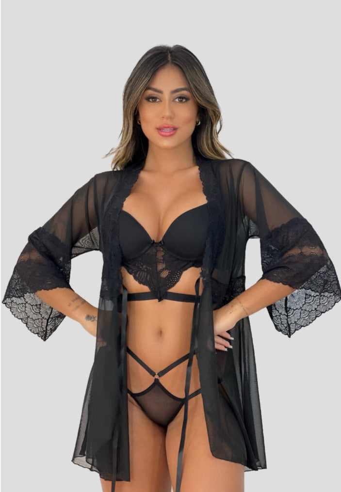 Kit Robe De Tule + Conjunto Lingerie Com Bojo Strapy
