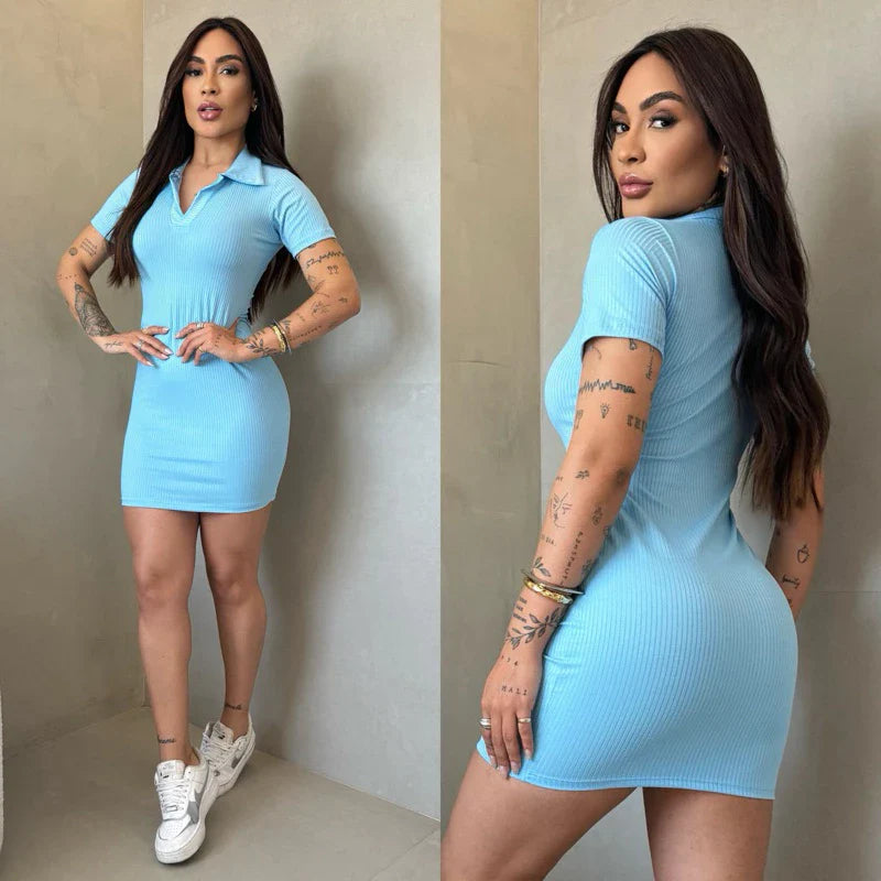 Vestido Gola Polo Tubinho Manga Curta Canelado