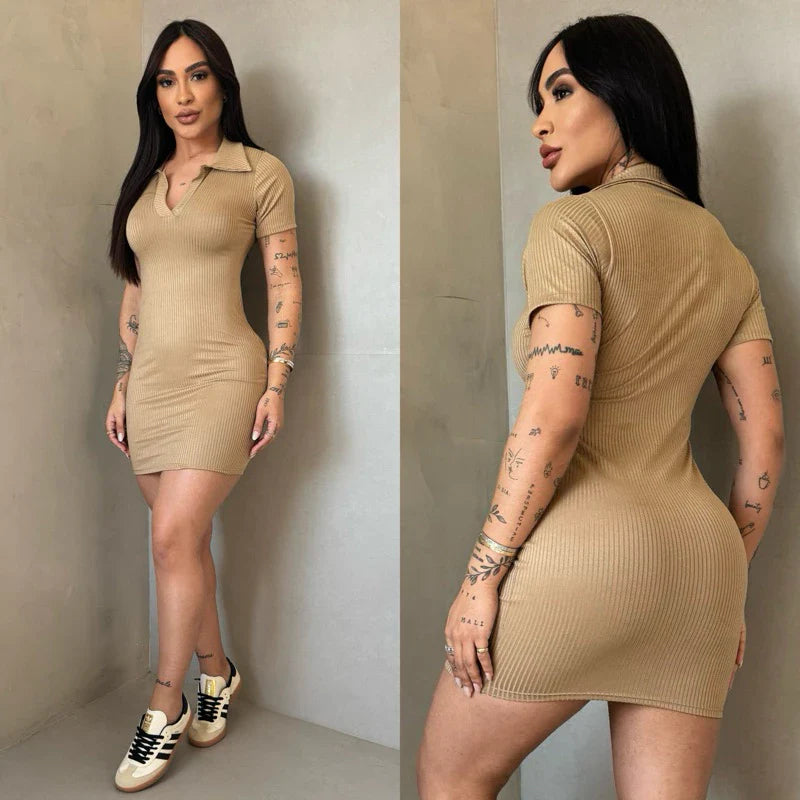Vestido Gola Polo Tubinho Manga Curta Canelado