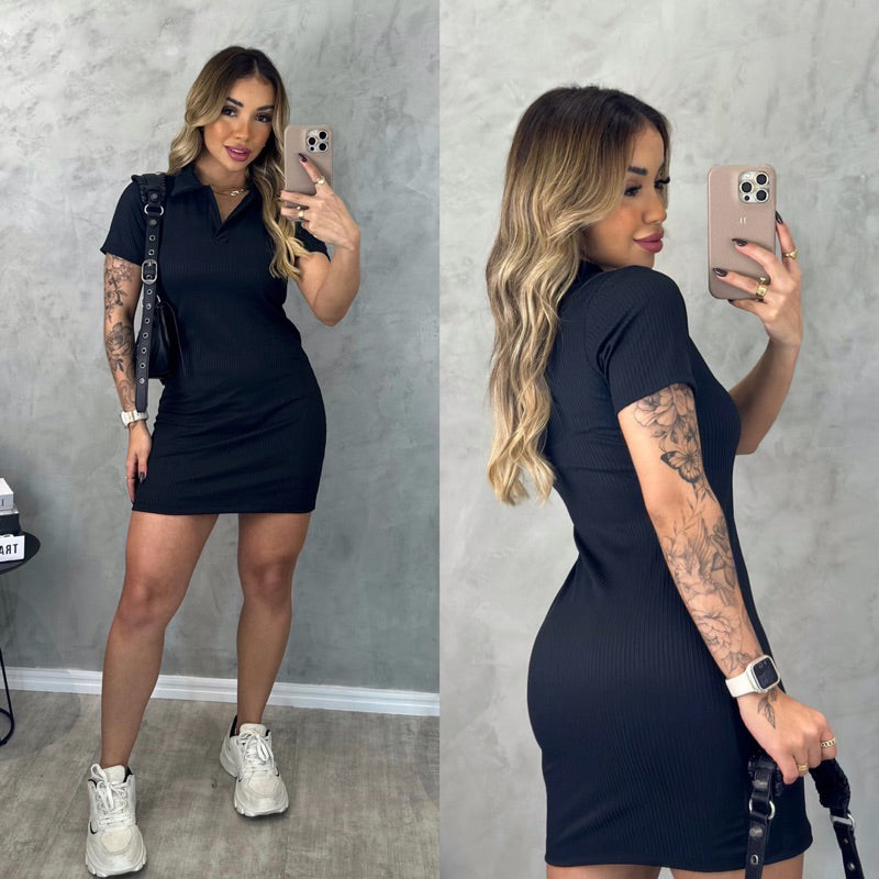 Vestido Gola Polo Tubinho Manga Curta Canelado