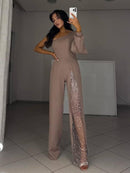 One Shoulder Sequin  Lantern Sleeve Jumpsuit