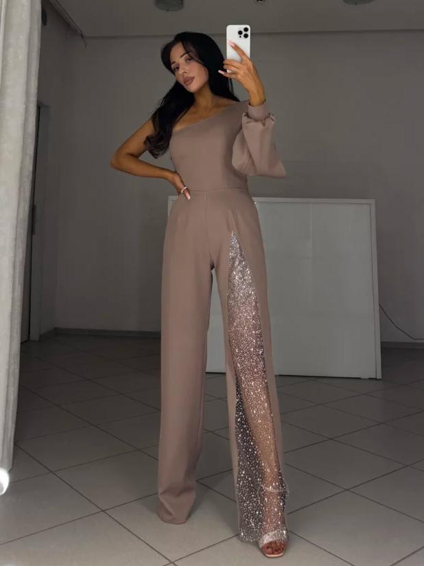 One Shoulder Sequin  Lantern Sleeve Jumpsuit