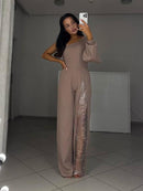 One Shoulder Sequin  Lantern Sleeve Jumpsuit