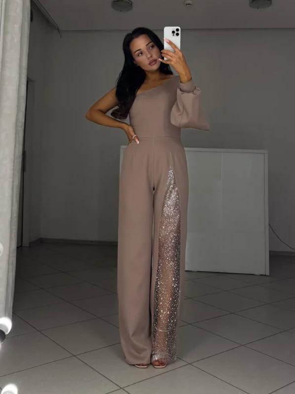One Shoulder Sequin  Lantern Sleeve Jumpsuit